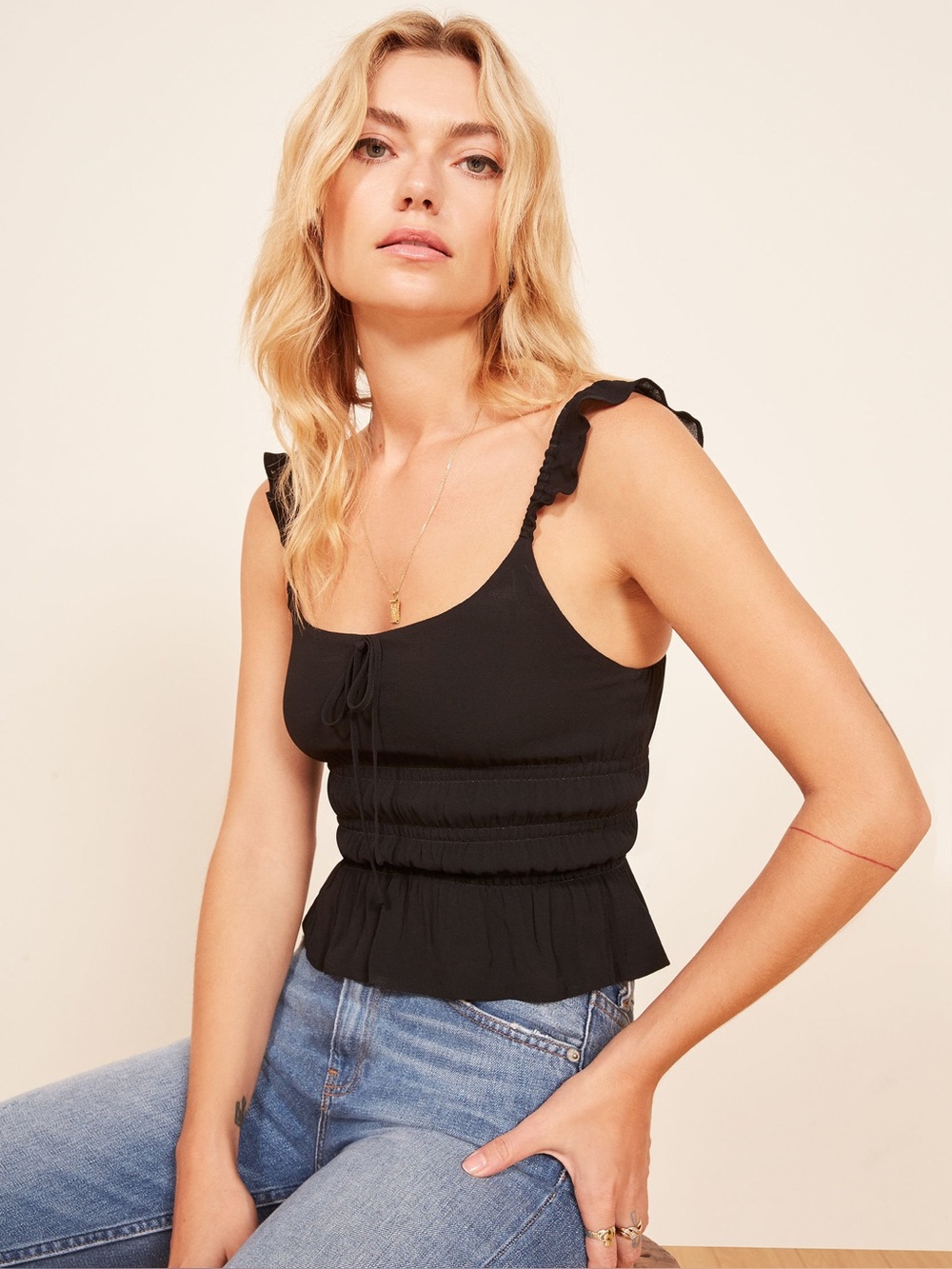 NWT Reformation Aurora Black Ruffle-Strap Smocked Tank Top Camisole